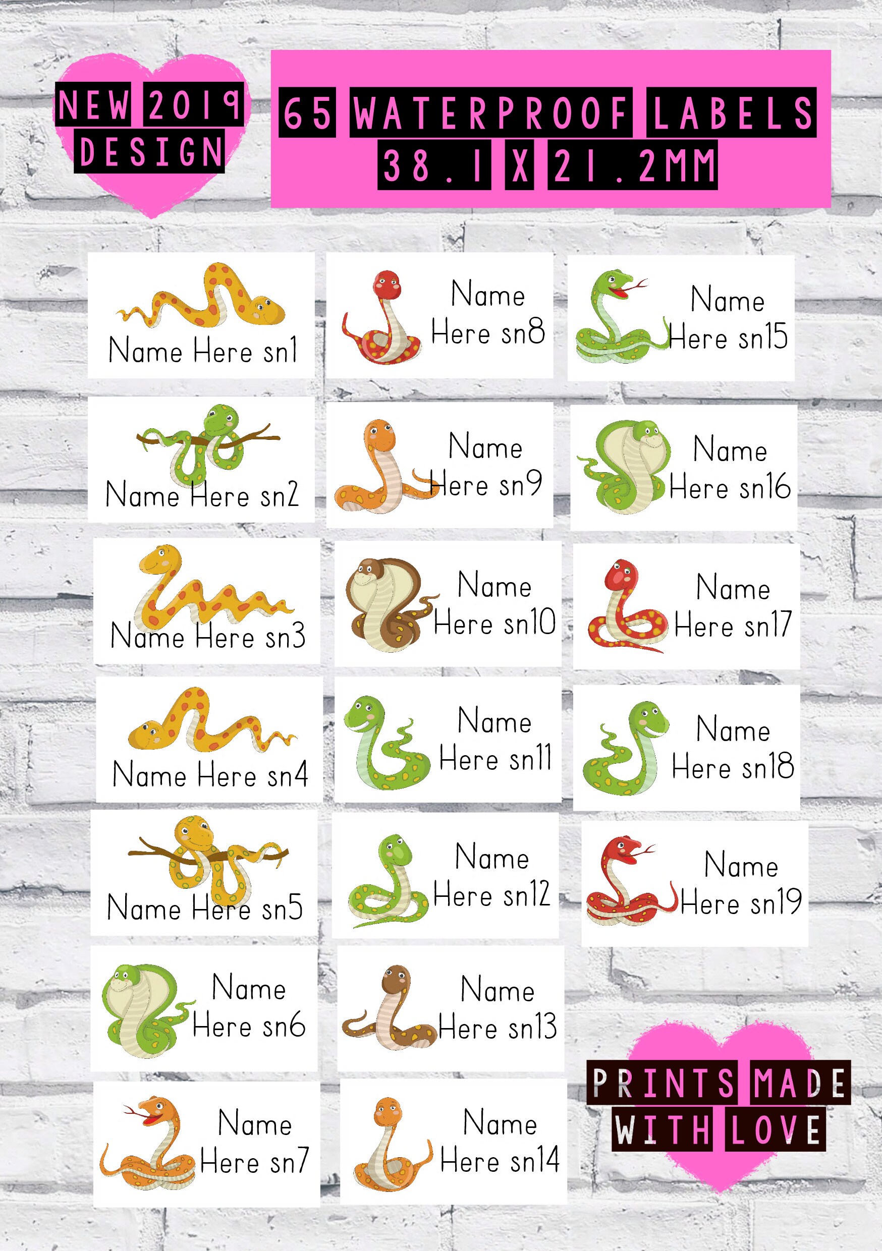 Name labels / Snakes Waterproof labels / school labels / personalised / personalized / stick on labels / self adhesive / clothes / uniform