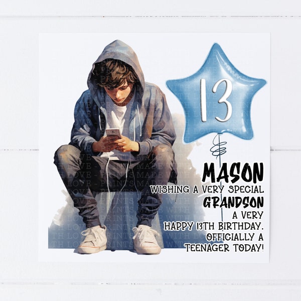 Personalised 13th birthday card Officially a Teenager phone boy son | grandson | nephew  | brother | friend 2035