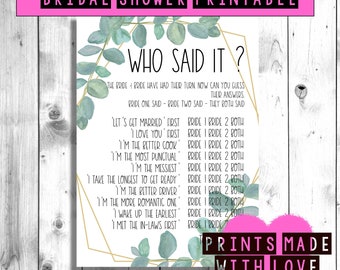 Lesbian Bridal shower printable , who said it first? hen do games , hen weekend , hen night , bachelorette party , green and gold