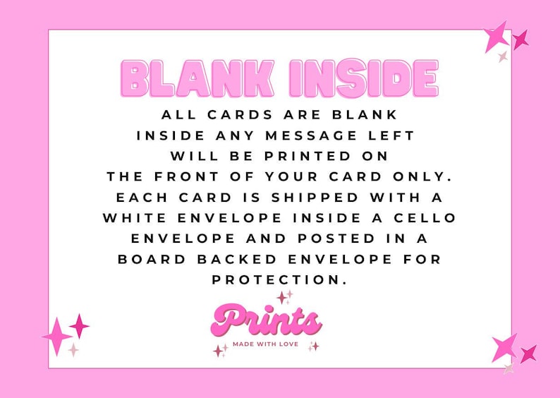 May include: A pink and white card with the text "BLANK INSIDE" in bubble letters. The card includes details about the product, such as the cards being blank inside and shipped with a white envelope.