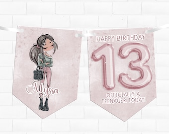 Personalised 13th birthday  bunting | teenager today | officially a teenager | party banner | party decor | birthday party decorations pink