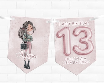 Personalised 13th birthday  bunting officially a teenager party banner decor decorations
