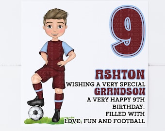 May include: A birthday card for a grandson featuring a cartoon illustration of a boy in a football kit holding a football. The card has a maroon background with the number 9 in the top right corner and the text "Ashton Wishing a very special Grandson A very happy 9th Birthday. Filled with love, fun and football."
