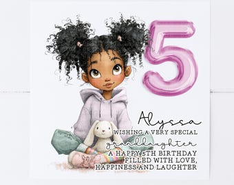 May include: A birthday card illustration featuring a young girl with dark curly hair, wearing a light purple hoodie and seated with a stuffed bunny. A large pink number 5 balloon and the name "Alyssa" are also present, along with birthday wishes.