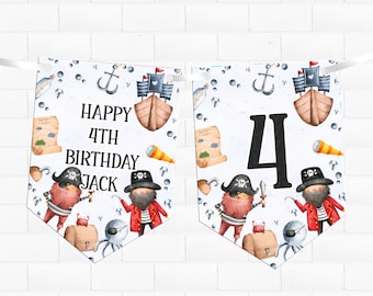 May include: A white and blue birthday banner with a pirate theme. The banner says "Happy 4th Birthday Jack" and features a ship, an anchor, a treasure chest, an octopus, and a pirate with a sword.