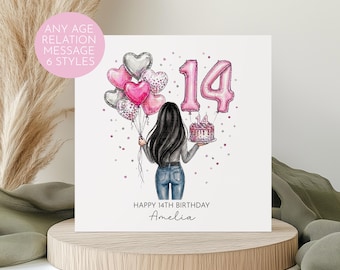 May include: A birthday card featuring an illustration of a person holding balloons and a cake. The card has the number 14 in pink balloon style, with the text "Happy 14th Birthday Amelia". A pink circle in the upper left corner reads "ANY AGE RELATION MESSAGE 6 STYLES".