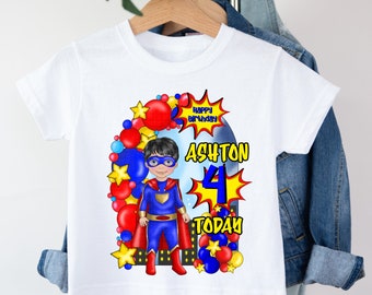 Boy Personalised Birthday T-shirt Toddler 2nd Birthday 3rd 4th 5th 6th Super Boy Kid Son Grandson Nephew Age T-shirt Little Hero