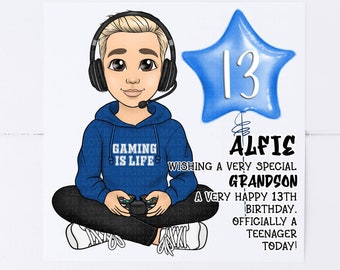 Personalised 13th birthday card | 14th 15th 16th gamer birthday | officially a teenager | son | grandson | nephew  | brother | friend 1598