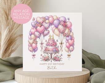Op de afbeelding: Verjaardagskaart met een aquarel illustratie van een taart met het nummer 21, omringd door roze, paarse en gouden ballonnen. De kaart leest "Happy 21st Birthday Beth" met de tekst "Any Age Relation Message" in een roze cirkel.