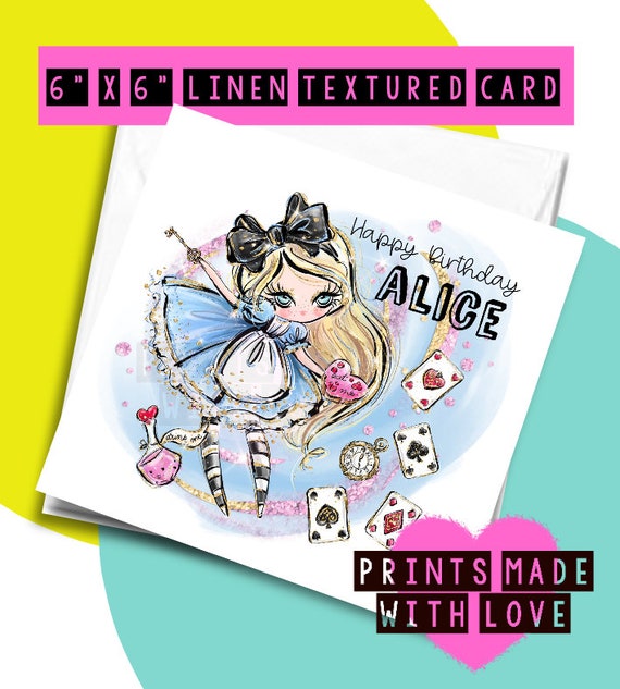 Personalised Handmade Alice In Wonderland Birthday Card Granddaughter//daughter