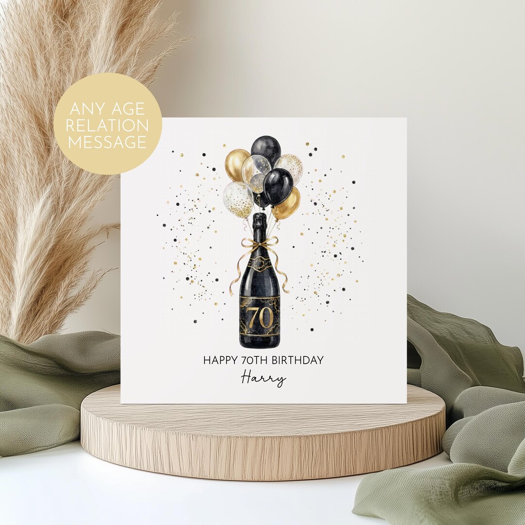 Personalised 70th Birthday Card: Custom Age Message Black and Gold 2993 ...