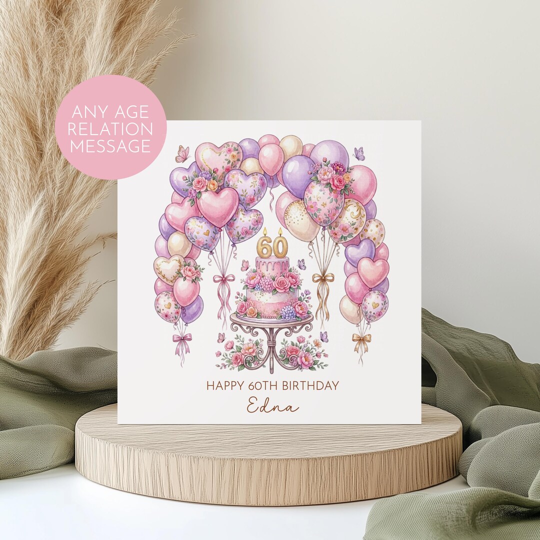 Personalised 60th Birthday Card for Her Balloons and Butterflies ...