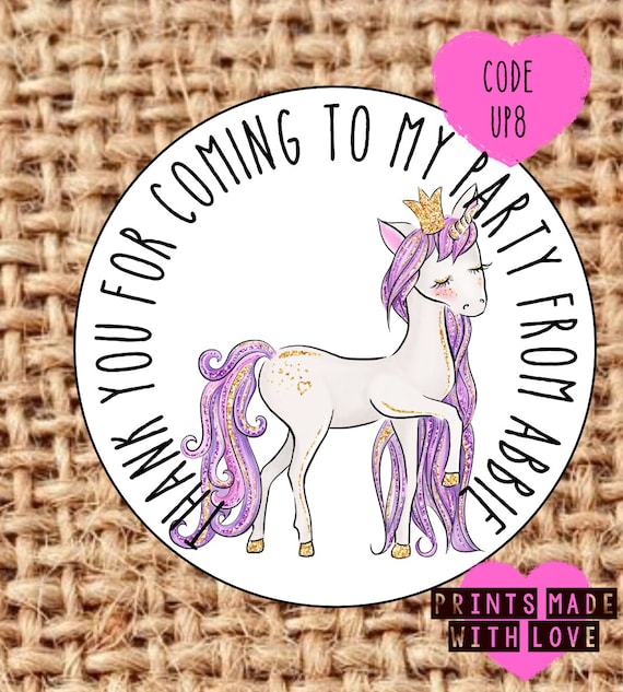 Party bag stickers personalised x24 unicorn sitting thank you sweet cone labels