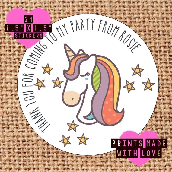 Party bag stickers personalised x24 unicorn sitting thank you sweet cone labels