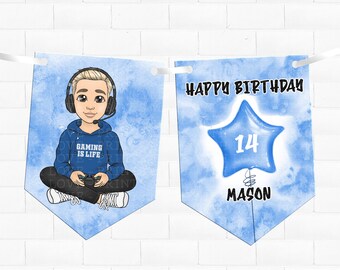 May include: Blue and white birthday banner with a cartoon gamer holding a video game controller. The banner says "Happy Birthday Mason" and features a blue star-shaped balloon with the number 14.