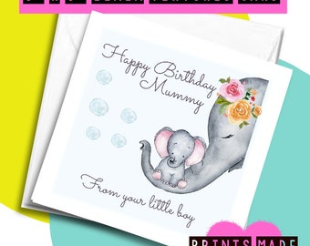 Elephant Mummy Birthday Card , Mommy Birthday Card , Mammy birthday card , From your little boy , From your little girl