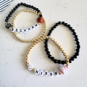 14k Gold Beads with Sports Charm Bracelet | Baseball Charm Bracelet | Basketball Charm Bracelet | Baseball Personalized Bracelet