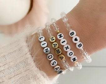 Braccialetto con nome personalizzato con perline: perline trasparenti, parola personalizzata