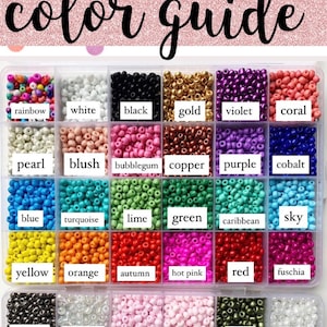 May include: A color guide for beads, showing a variety of colors in small plastic containers. The colors include rainbow, white, black, gold, violet, coral, pearl, blush, bubblegum, copper, purple, cobalt, blue, turquoise, lime, green, caribbean, sky, yellow, orange, autumn, hot pink, red, fuchsia, gunmetal, iridescent, pearl pink, baby pink, olive, and clear.