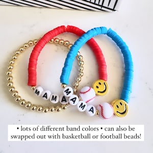Personalized Baseball Bracelets |  Heishi Disc Personalized Beaded Name Bracelets | Baseball Charm Stackable Bracelets | Baseball Mom