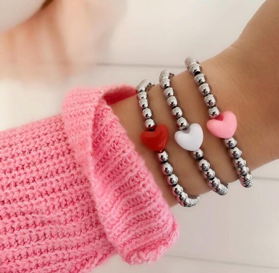 ハートチャーム付きシルバービーズブレスレット - Etsy 日本