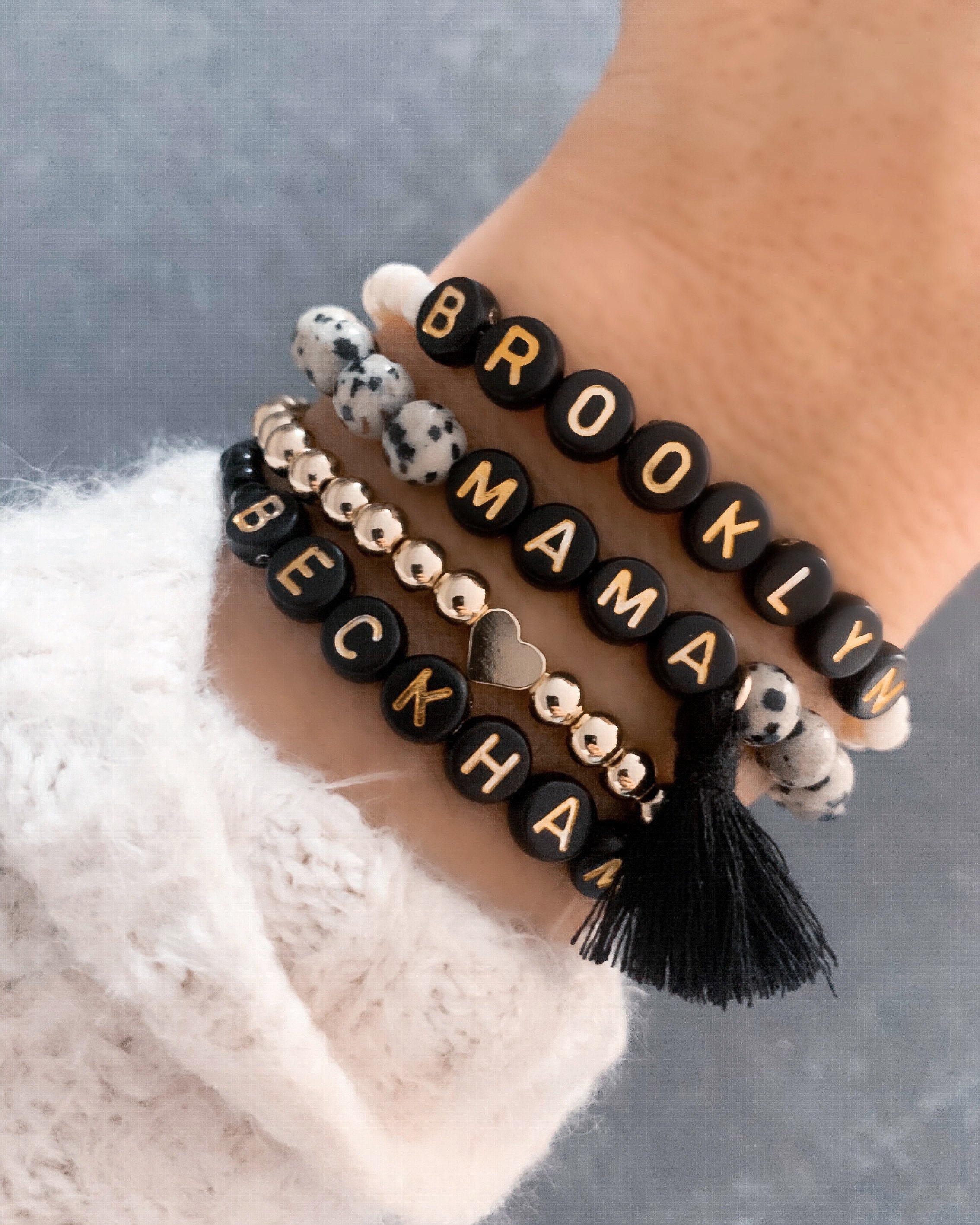Gold Letter on Black Circles Leopard Beaded Name Bracelets Womens Beaded Name Bracelets Leopard Bracelets Louis and Finn