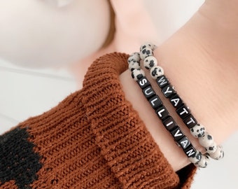 Personalized Leopard Beaded Name Bracelet: Black & White Letter Beads
