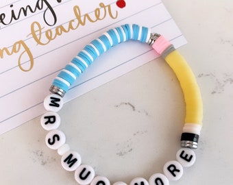 Teacher Gift! | Teacher PENCIL Bracelet with School Colors |  Disc Personalized Beaded Name Bracelets | Back to school