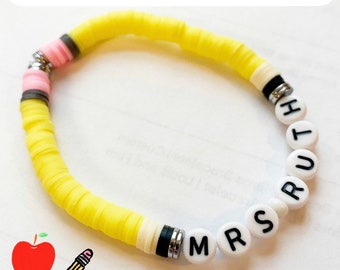 Teacher Gift! | Teacher PENCIL Bracelet Heishi Disc Personalized Beaded Name Bracelets | Womens Beaded Personalized Bracelets