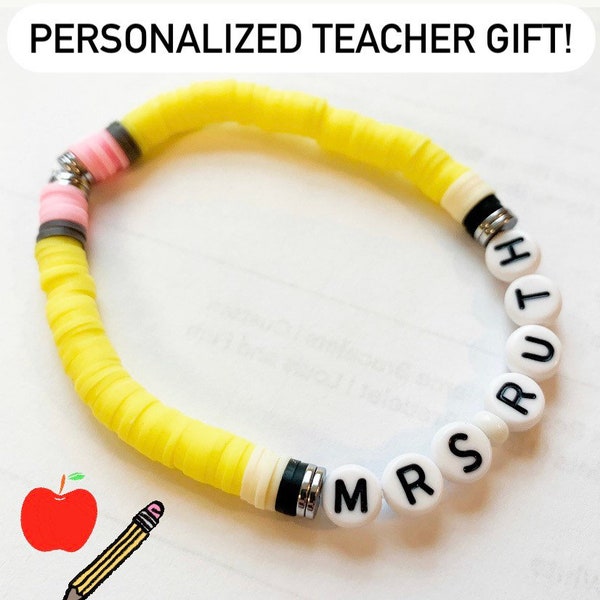 Teacher Gift! | Teacher PENCIL Bracelet Heishi Disc Personalized Beaded Name Bracelets | Womens Beaded Personalized Bracelets