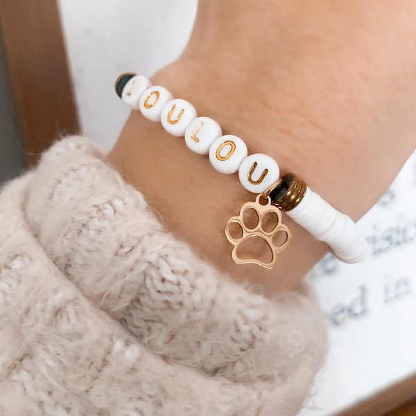 New! | Paw Print Charm Heishi Disc Personalized Beaded Name Bracelets | Heishi Stackable Bracelets | Animal Beaded Personalized Bracelets