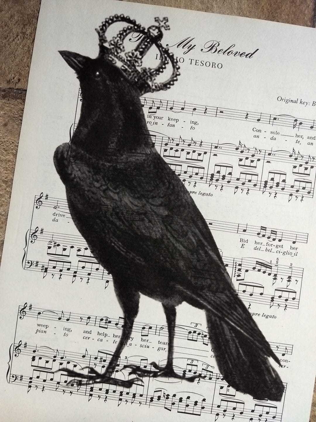Crowned Crow Print on Vintage Sheet Music – French Market Style Bird ...