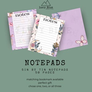 May include: Three notepads with floral and celestial designs. The notepads are 5 inches by 7 inches and have 50 pages. The word "notes" is printed at the top of each notepad. The background is a light green color.