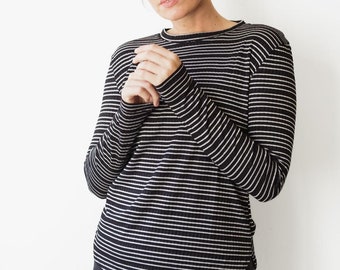 Black & White Striped Top, Long Sleeves Shirt, Vintage Top, Loose Top, Casual Shirt, Crew Neck Shirt, Women Clothing, Retro Clothing