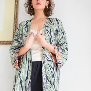 Boho Silk Kimono, Green Printed Kimono, Bohemian Clothing, Beach Coverup, Evening Kimono, Evening Coverup, Casual Kimono Robe, Long Kimono