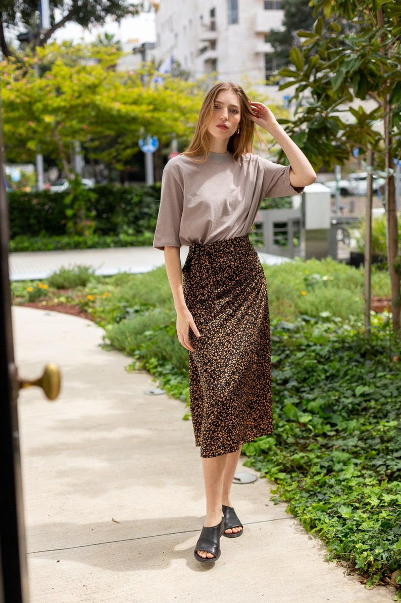 Women Warp Skirt, Minimalist Skirt, Silk Skirt, Midi Skirt, Autumn Skirt, High Waist Skirt, Leaves Print Skirt, Elegant Women Clothing image 4