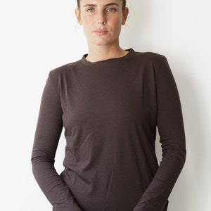 Classic Brown Cotton Top, Long Sleeves Top for Women, Brown Long Sleeves Shirt, Loose Casual Shirt, Crew Neck Shirt, Women's Winter Clothing image 1