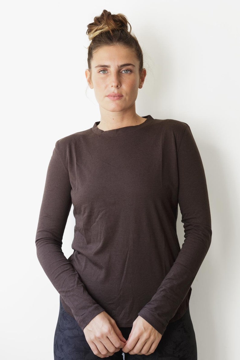 Classic Brown Cotton Top, Long Sleeves Top for Women, Brown Long Sleeves Shirt, Loose Casual Shirt, Crew Neck Shirt, Women's Winter Clothing image 1