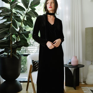 Black Velvet Maxi Dress, Evening Black Dress, Long Sleeves Maxi Dress, V Neck Maxi Dress, Women Black Dress, Long Black Dress, Classic Dress image 3