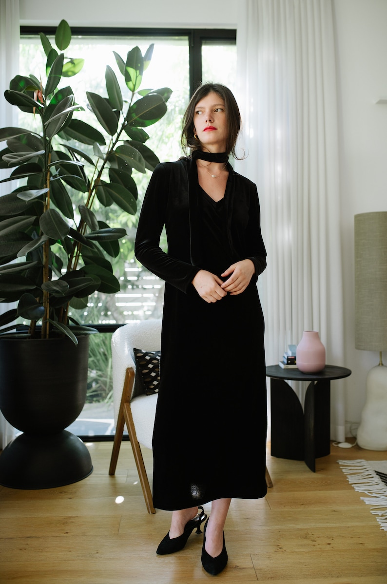 Black Velvet Maxi Dress, Evening Black Dress, Long Sleeves Maxi Dress, V Neck Maxi Dress, Women Black Dress, Long Black Dress, Classic Dress image 3