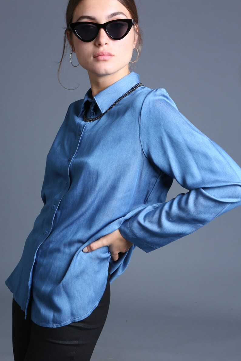 Women Button Shirt Denim Blue Button Shirt Winter Top Blue Blouse,Women Button Blouse Long Sleeves Blouse