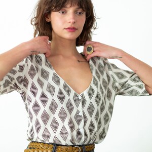Elegant Blouse, Women Button Shirt, 3/4 Sleeves Shirt, Geometric Print Blouse, Minimalist Blouse, Sweetheart Neckline Top, Women's Clothing image 2