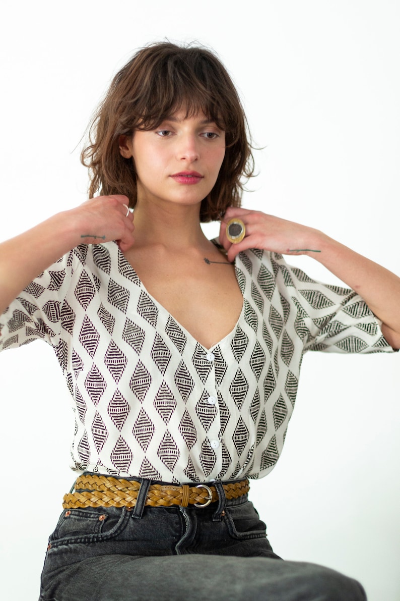 Elegant Blouse, Women Button Shirt, 3/4 Sleeves Shirt, Geometric Print Blouse, Minimalist Blouse, Sweetheart Neckline Top, Women's Clothing image 2