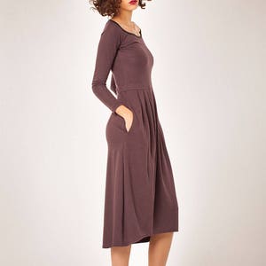 Robe midi violette, Robe à manches longues, Robe de printemps, Robe avec poches, Robe ample, Robe taille haute, Robe tunique violette, Robe de printemps pour femme image 3