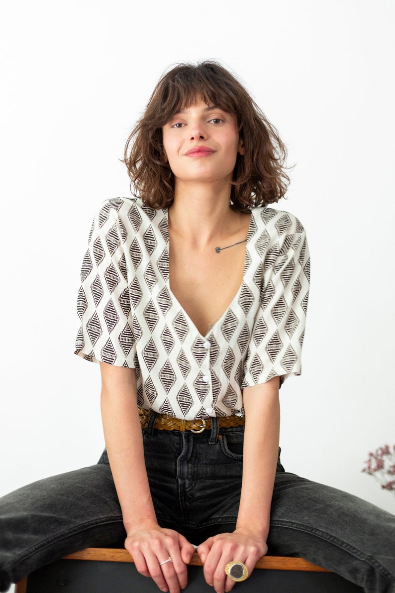 Elegant Blouse, Women Button Shirt, 3/4 Sleeves Shirt, Geometric Print Blouse, Minimalist Blouse, Sweetheart Neckline Top, Women's Clothing image 1