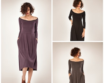 Women Winter Dress, Minimalist Dress, Jersey Dress, Long Sleeves Dress, Midi Dress, Cocktail Dress, High Waist, Purple Dress, Women Clothing