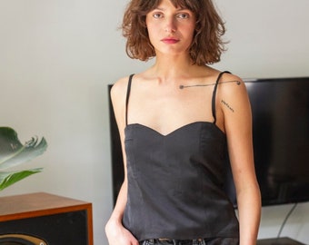 Black Corset Style Top, Black Satin Tank Top, Heart Neckline Top, Satin Evening Top, Black Bridesmaids Top, Romantic Top, Women's Clothing