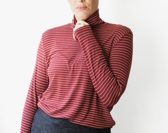 Red Striped Shirt, Vintage Top, Turtleneck Shirt, Long Sleeves Women Shirt, Loose Casual Shirt, Women's Winter Clothing, Casual Clothing