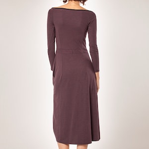 Women Winter Dress, Minimalist Dress, Jersey Dress, Long Sleeves Dress, Midi Dress, Cocktail Dress, High Waist, Purple Dress, Women Clothing image 5