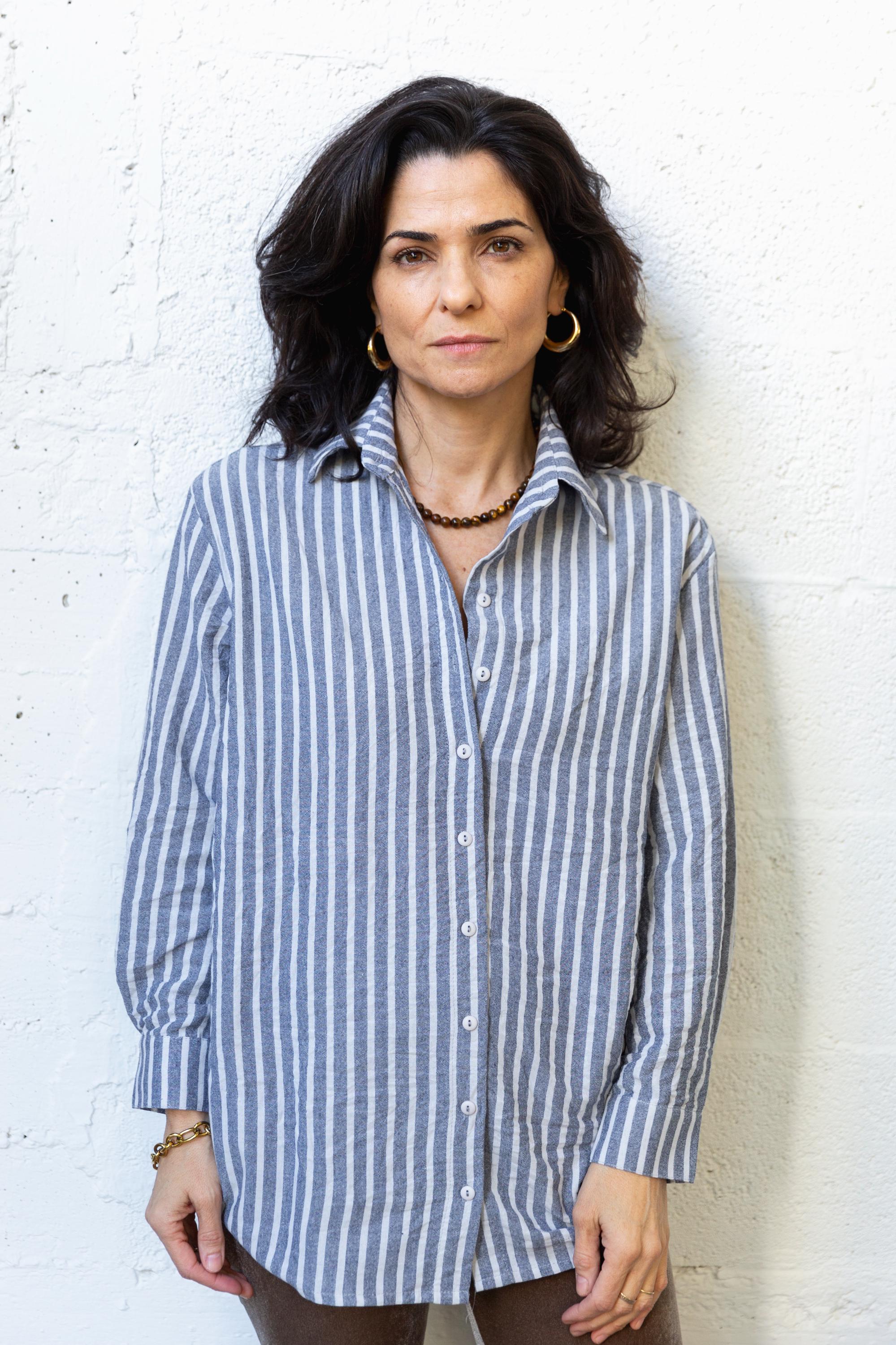 Chic Cream & Grey Striped Button-Up Shirt for Women